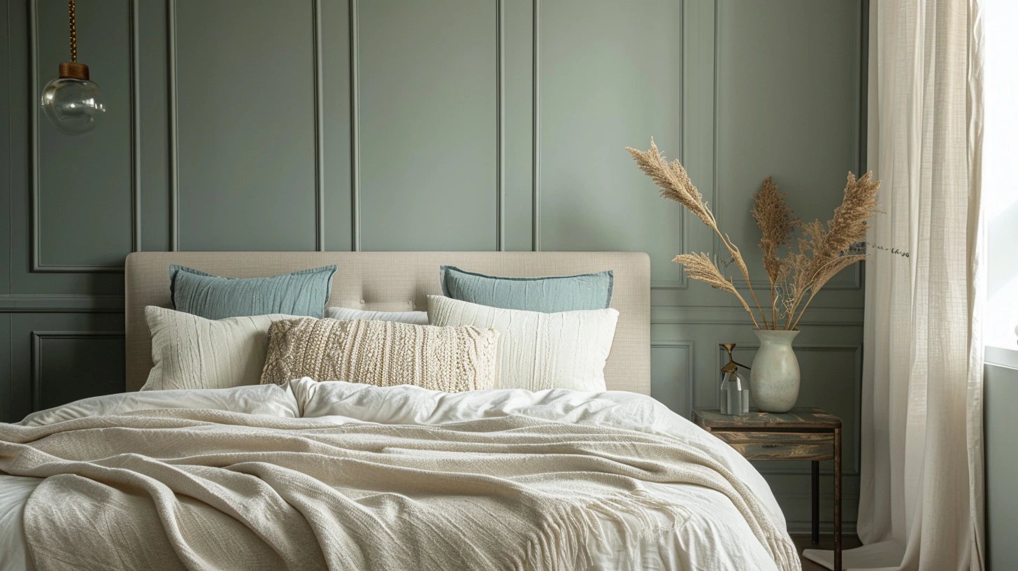 A calm bedroom with soft green walls, white bedding and natural wood furniture