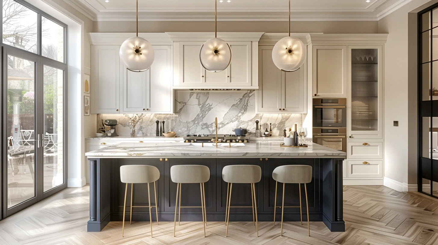 A timeless kitchen with green cabinetry, marble worktops and warm brass hardware