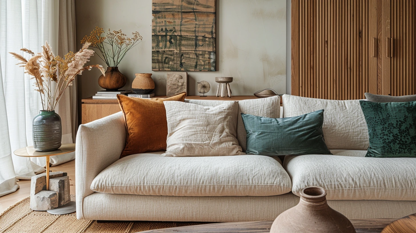 A warm living room with neutral walls, textured fabrics and earthy colour accents