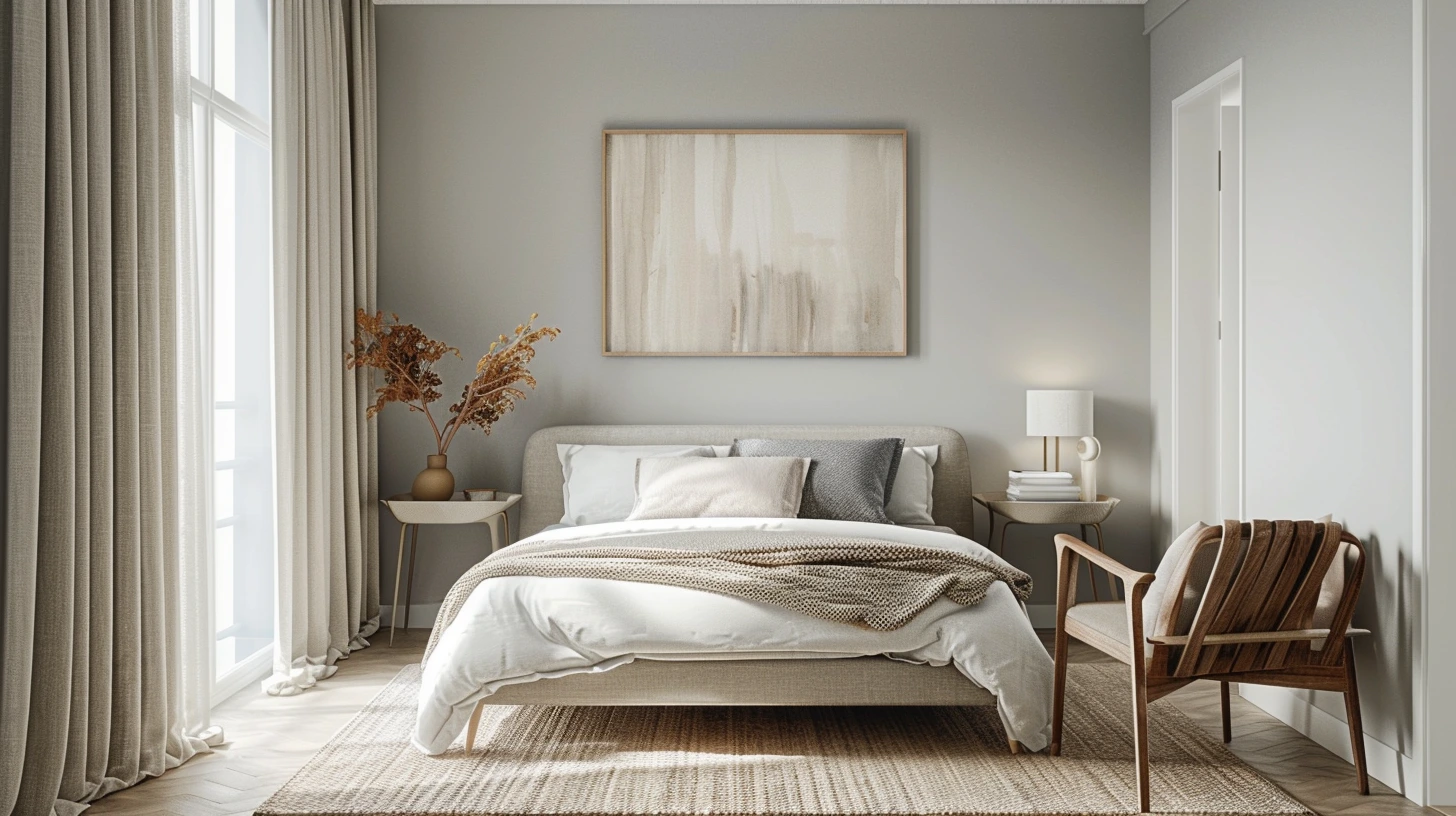 A small bright room decorated with pale neutral walls and low contrast furnishings
