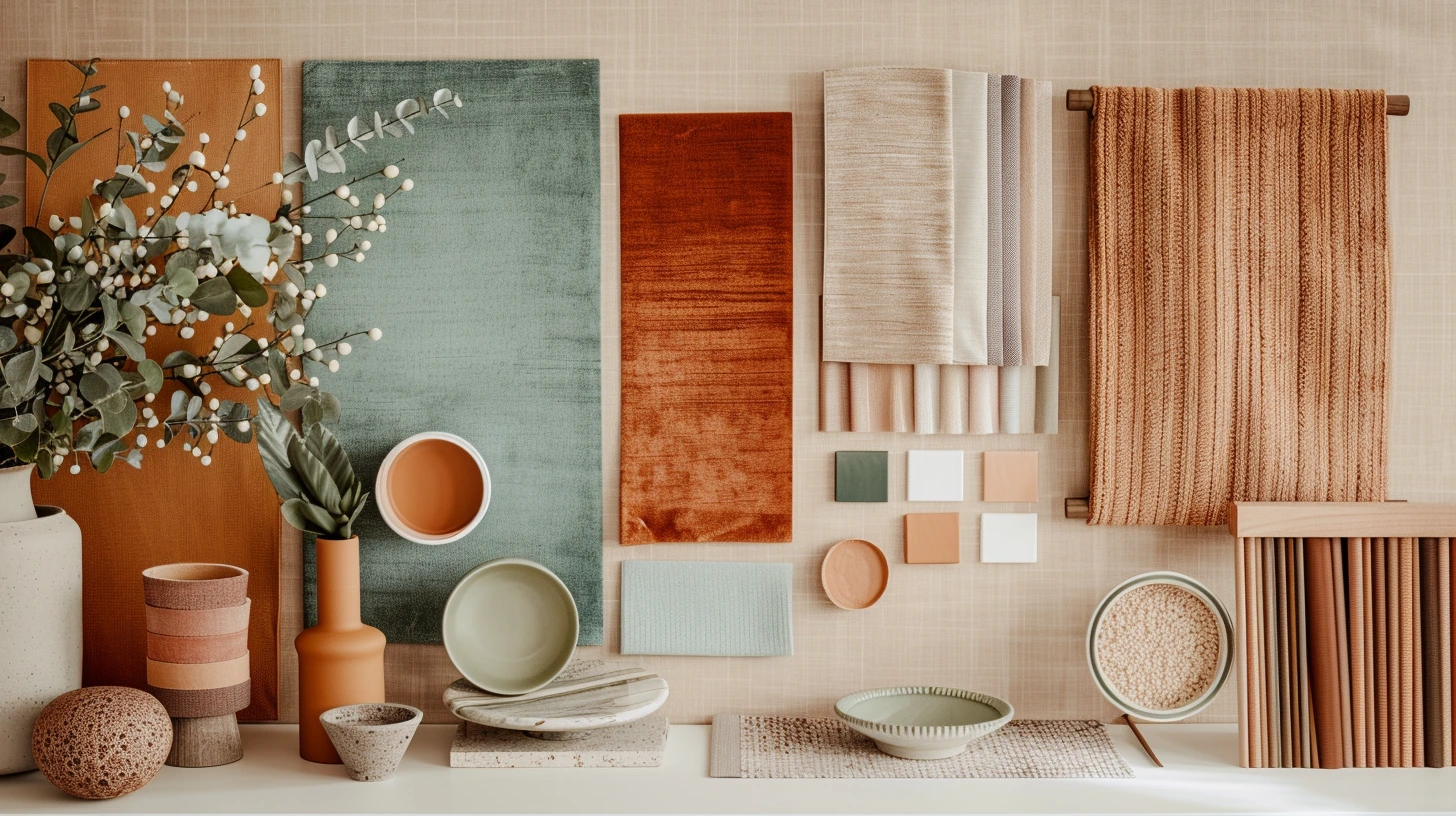 A stylish living room with layered neutral, green and warm accent colours