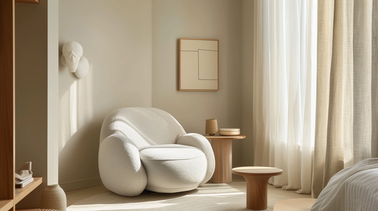 A small bright room decorated with pale neutral walls and low contrast furnishings